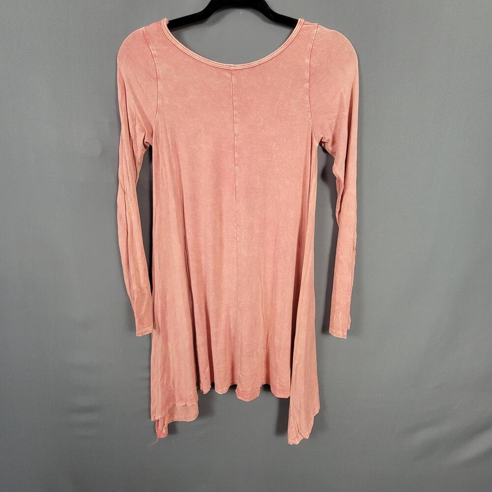 Boho Handkerchief Hem Tunic Dress Pink Long Sleeve Flowy Casual